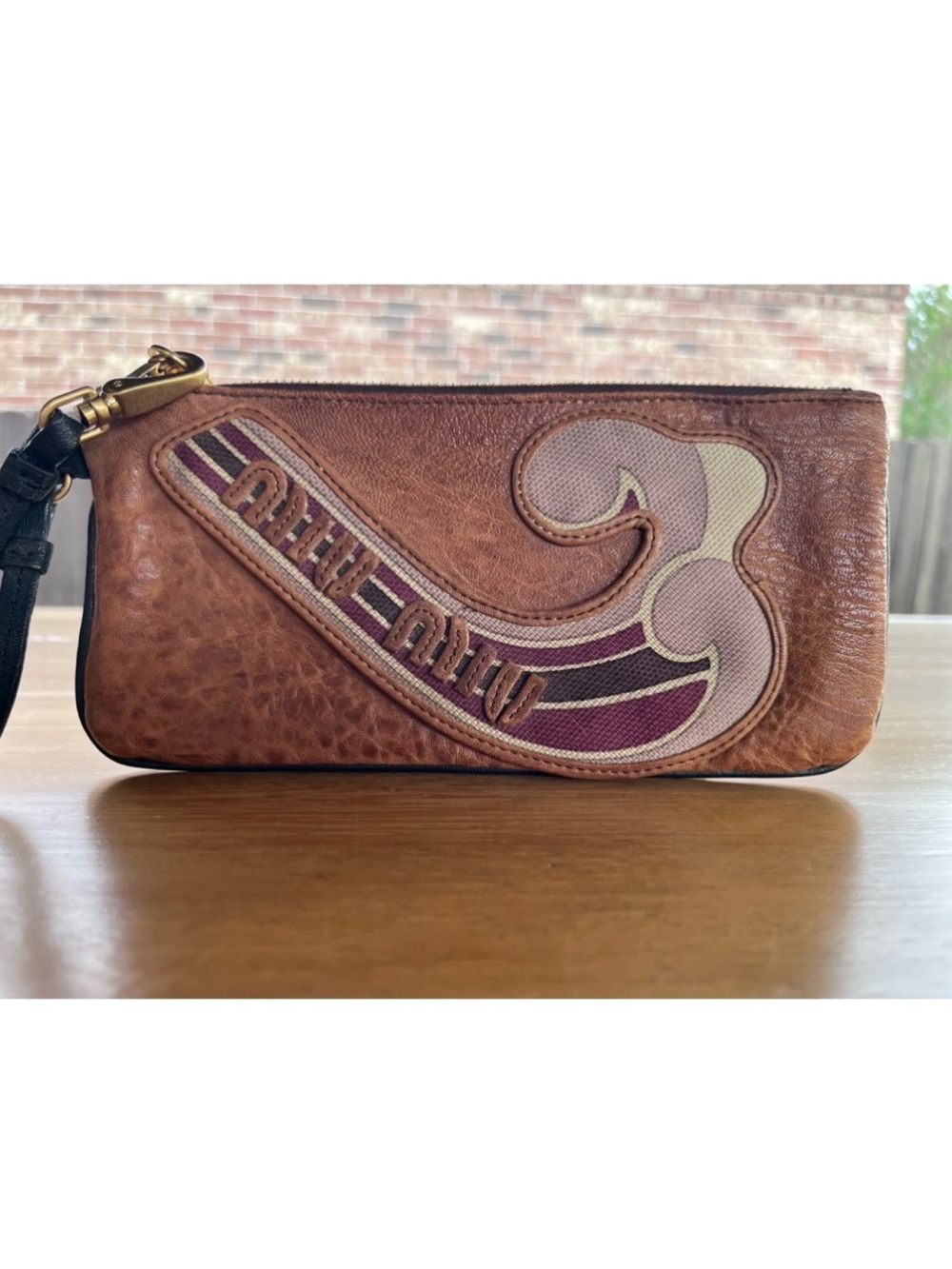 Miu Miu Vintage Logo Patchwork appliqué leather wristlet